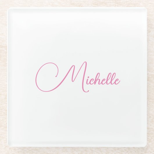 プロフェッショナルモダン手書き名ピンク白 ガラスコースター (正面)