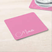 プロフェッショナルモダン手書き名ピンク白 スクエアペーパーコースター (アングル)