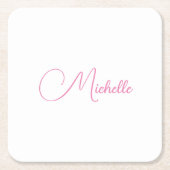 プロフェッショナルモダン手書き名ピンク白 スクエアペーパーコースター (正面)