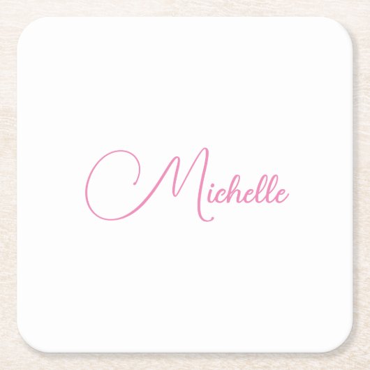 プロフェッショナルモダン手書き名ピンク白 スクエアペーパーコースター (正面)
