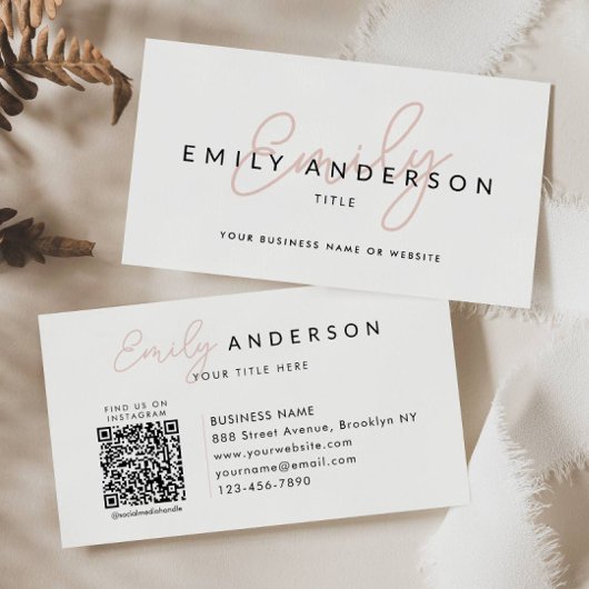 プロフェッショナルモダン赤面ピンクスクリプト名QRコード 名刺