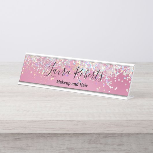 プロフェッショナルモダン赤面ピンクスパークルグリッターデ デスクネームプレート (正面)