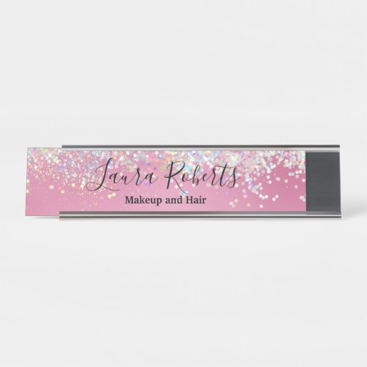 プロフェッショナルモダン赤面ピンクスパークルグリッターデ デスクネームプレート (正面)