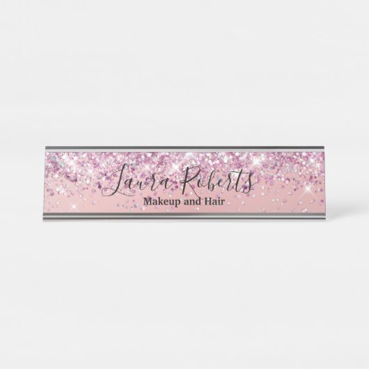 プロフェッショナルモダン赤面ピンクスパークルグリッターD デスクネームプレート (正面)