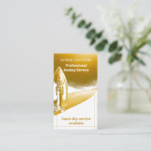 プロフェッショナルモダン金ゴールドアイロン掛けサービス 名刺 (スタンド正面)