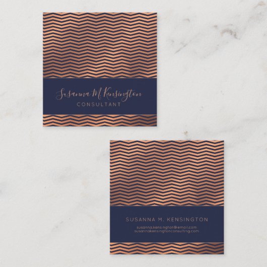 プロフェッショナルモダン銅箔ネイビーブルーシェブロン スクエア名刺 (正面/裏面)