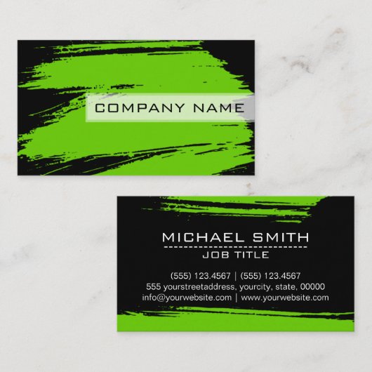 プロフェッショナルモダン黒緑ブラシストローク 名刺 (正面/裏面)