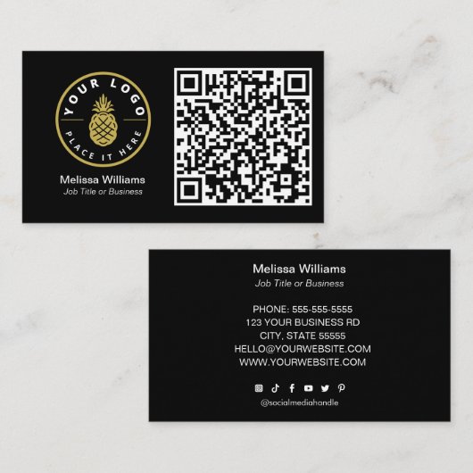 プロフェッショナルモダンQRコードカスタムロゴブラック 名刺 (正面/裏面)