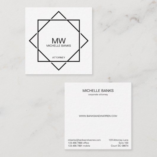 プロフェッショナルモノグラムブラック&ホワイトビジネスカード スクエア名刺 (正面/裏面)