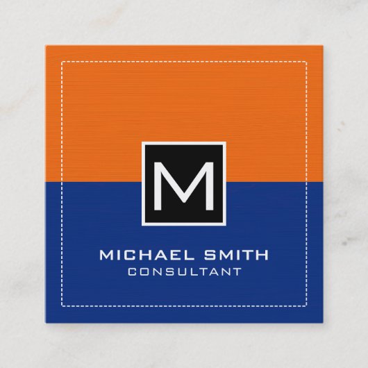 プロフェッショナルモノグラムモダンダークブルーオレンジ スクエア名刺 (正面)
