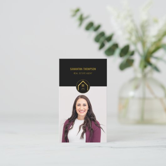 プロフェッショナルラグジュアリーブラック実在金ゴールドエステート写真 名刺 (スタンド正面)