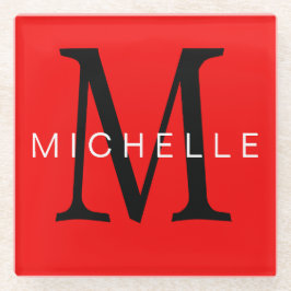 プロフェッショナルレッドブラックモノグラムあなたの名前 ガラスコースター