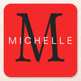 プロフェッショナルレッドブラックモノグラムあなたの名前 スクエアペーパーコースター