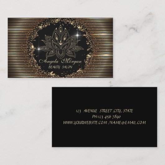 プロフェッショナルロータスフラワー金ゴールドストライプズブラック 名刺 (正面/裏面)