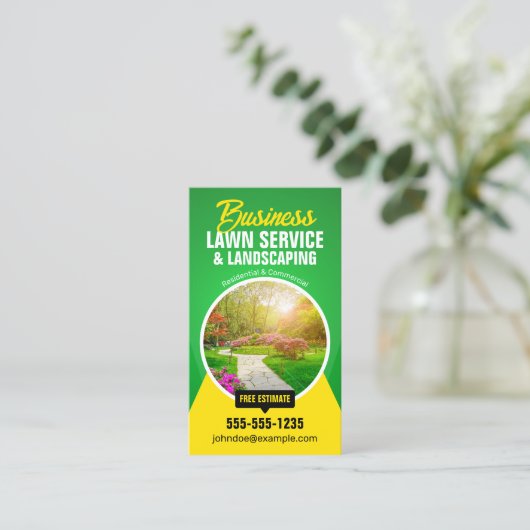 プロフェッショナルローン気に造園グリーンイエロー 名刺 (スタンド正面)
