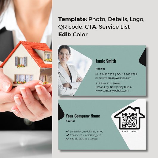 プロフェッショナル写真とブルー不動産仲介業者 名刺