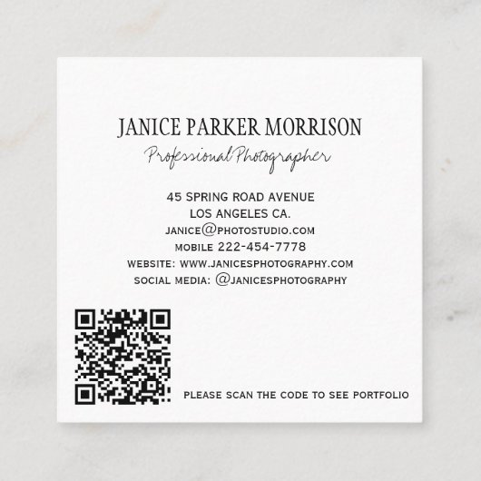 プロフェッショナル写真家QRコード白黒 スクエア名刺 (裏面)