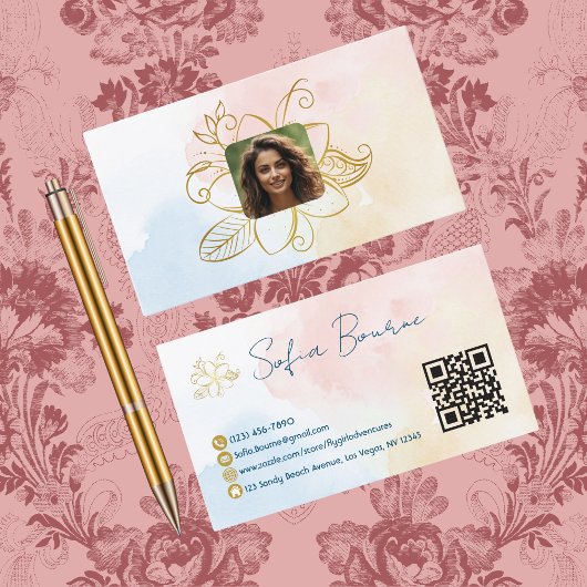 プロフェッショナル写真、QRコード、フローラ、パステル、カスタム 名刺
