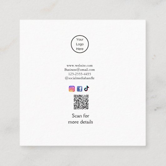 プロフェッショナル写真QRウェブサイトの電子メールのソーシャルモダン スクエア名刺 (裏面)