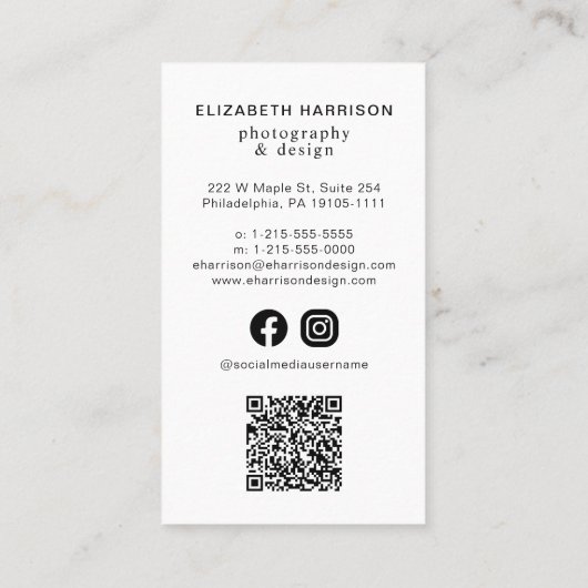 プロフェッショナル写真QRコードソーシャルメディア 名刺 (裏面)