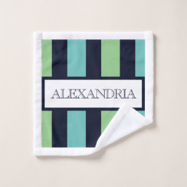 プロフェッショナル名クラシック付きグリーンセージ、ネイビー&ティール（緑がかった色） バスタオルセット