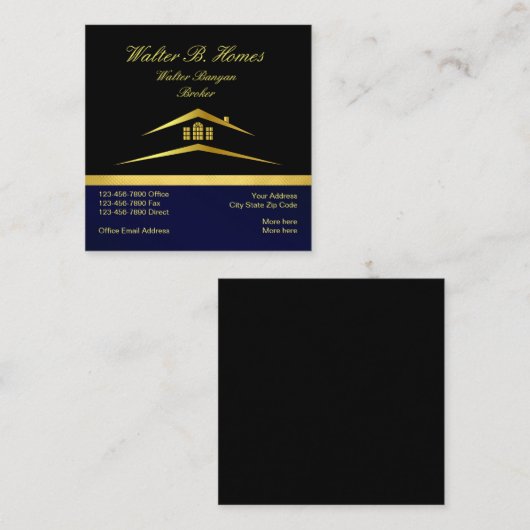 プロフェッショナル実在エステートブローカーエージェント金ゴールドとブラック スクエア名刺 (正面/裏面)