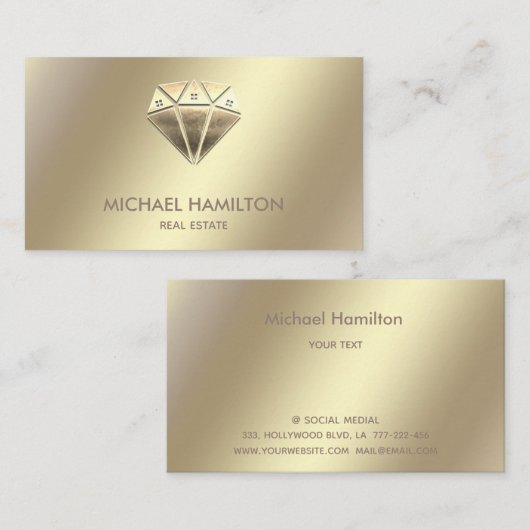 プロフェッショナル実在エステート金ゴールドダイヤモンドハウスロゴ 名刺 (正面/裏面)