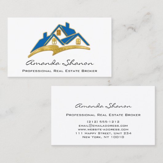 プロフェッショナル実在不動産ブローカーエージェントブルー金ゴールド 名刺 (正面/裏面)