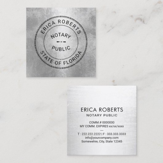プロフェッショナル州公証人スタンプモダンシルバー スクエア名刺 (正面/裏面)