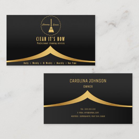 プロフェッショナル清掃サービスのメイド金ゴールドとブラック 名刺 (正面/裏面)