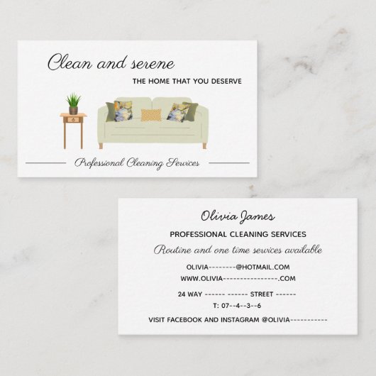 プロフェッショナル清掃サービスは、安らかな家庭をきれいに掃除する 名刺 (正面/裏面)