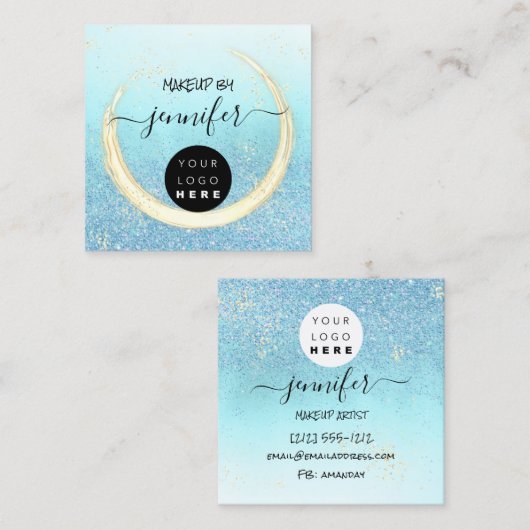 プロフェッショナル爪、 ネイル美しいブルー金ゴールドグリッター スクエア名刺 (正面/裏面)