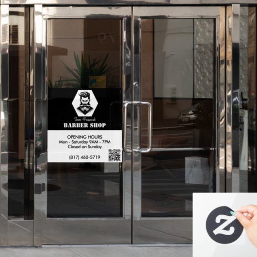 プロフェッショナル理容師ショップブラック&ホワイト開館時間 ウィンドウサイン (オフィスドア)