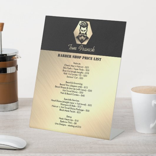 プロフェッショナル理容師ショップブラック&金ゴールド価格表 台座サイン (インサイチュ)