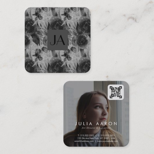 プロフェッショナル白黒フローラ写真QRコード スクエア名刺 (正面/裏面)
