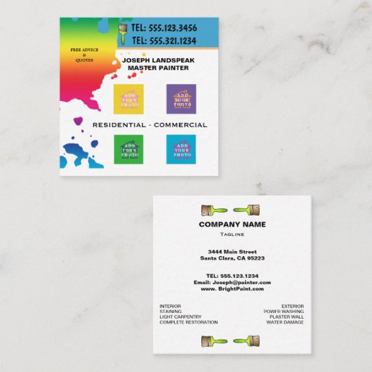 プロフェッショナル絵を描画家と4枚の写真のBLOB スクエア名刺 (正面/裏面)