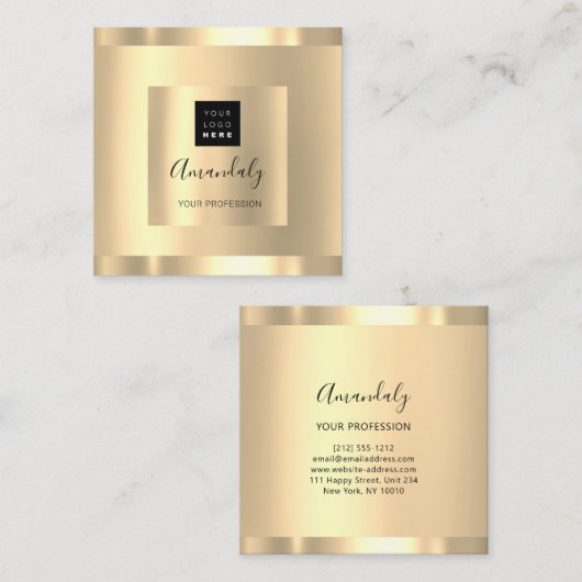 プロフェッショナル美しいスタジオヘアサロン金ゴールドロゴ スクエア名刺 (正面/裏面)