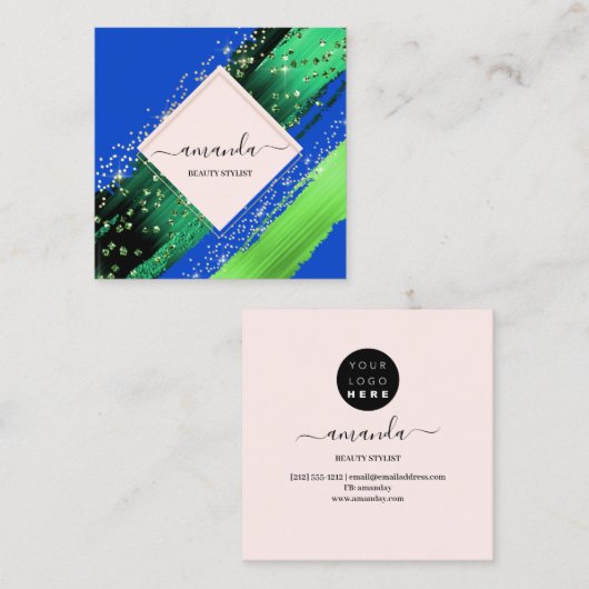 プロフェッショナル美しいメイクアップロゴグリーンブルートロピック スクエア名刺 (正面/裏面)