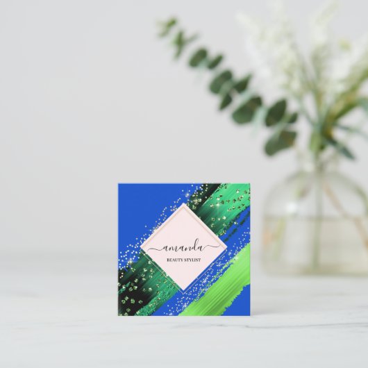 プロフェッショナル美しいメイクアップロゴグリーンブルートロピック スクエア名刺 (スタンド正面)