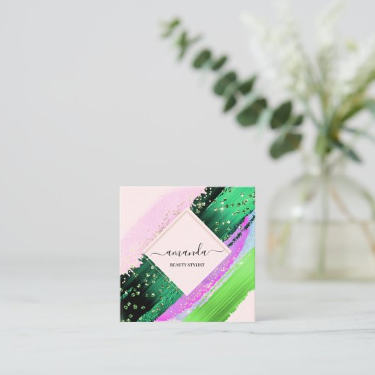 プロフェッショナル美しいメイクアップロゴトロピックパープルピンク スクエア名刺 (スタンド正面)