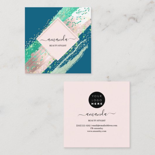 プロフェッショナル美しいメイクアップロゴバラティール(緑がかった色)ストローク スクエア名刺 (正面/裏面)