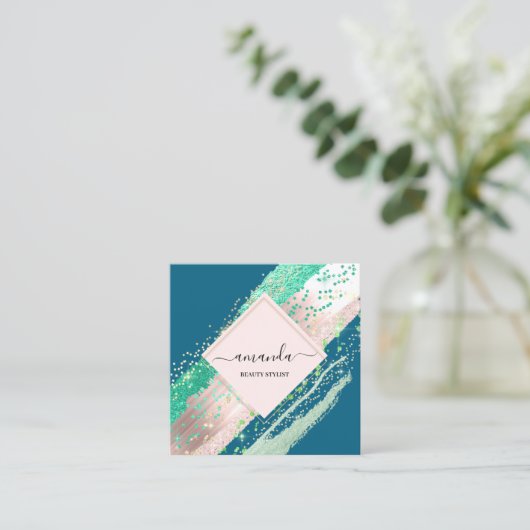プロフェッショナル美しいメイクアップロゴバラティール(緑がかった色)ストローク スクエア名刺 (スタンド正面)