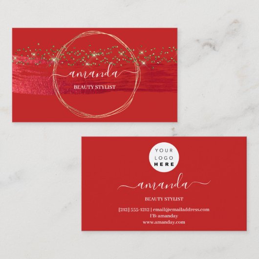 プロフェッショナル美しいメイクアップロゴ金ゴールド赤紙吹雪 名刺 (正面/裏面)