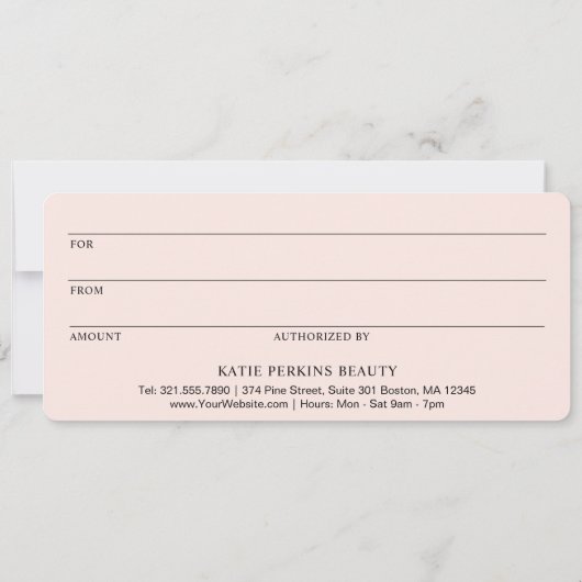 プロフェッショナル赤面ピンクシンプルのギフト証明書 (裏面)