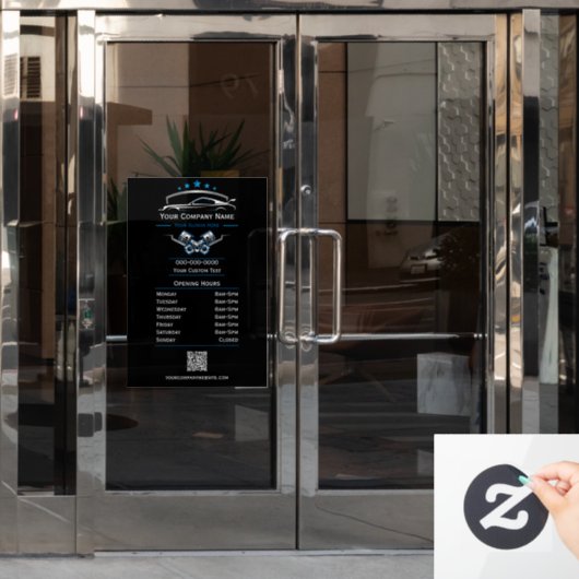 プロフェッショナル車の修理、営業時間 ウィンドウサイン (オフィスドア)