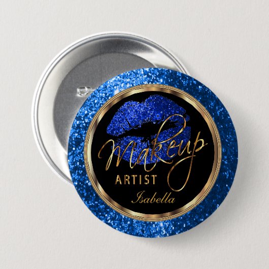 プロフェッショナル・メークアップ・アーティスト – 青、黒、金ゴールド 缶バッジ (正面&裏面)