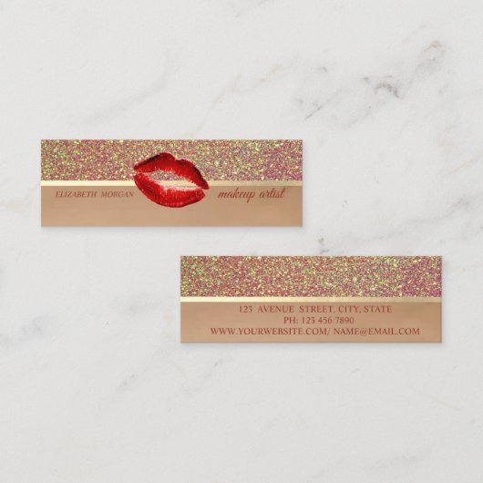 プロフェッショナル、モダングリッター、唇、メイクアップアーティスト スキニー名刺 (正面/裏面)