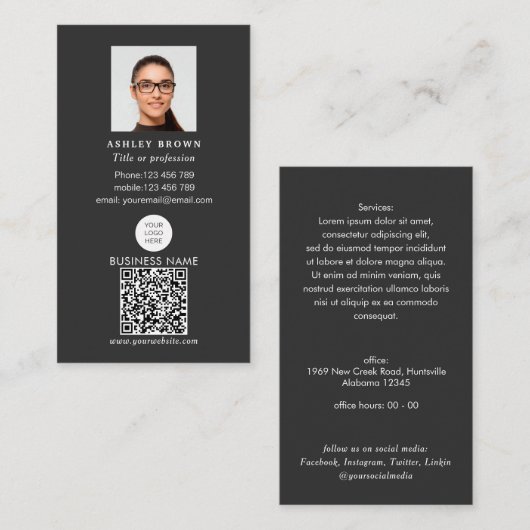プロフェッショナルQRコーシンプルドのモダンロゴ写真 名刺 (正面/裏面)