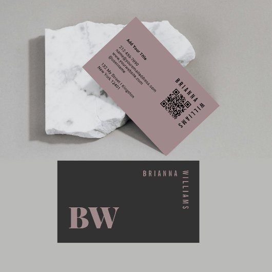 プロフェッショナルQRコードグレーピンクモノグラムミニマル 名刺