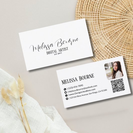 プロフェッショナルQRコード&写真、モダンブラック&ホワイト 名刺